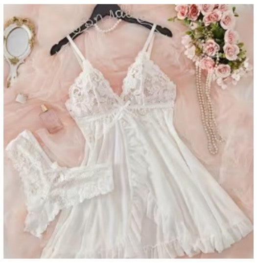 VESTIDO DE DORMIR SEXY CON CUELLO V Y ENCAJE COLOR BLANCO